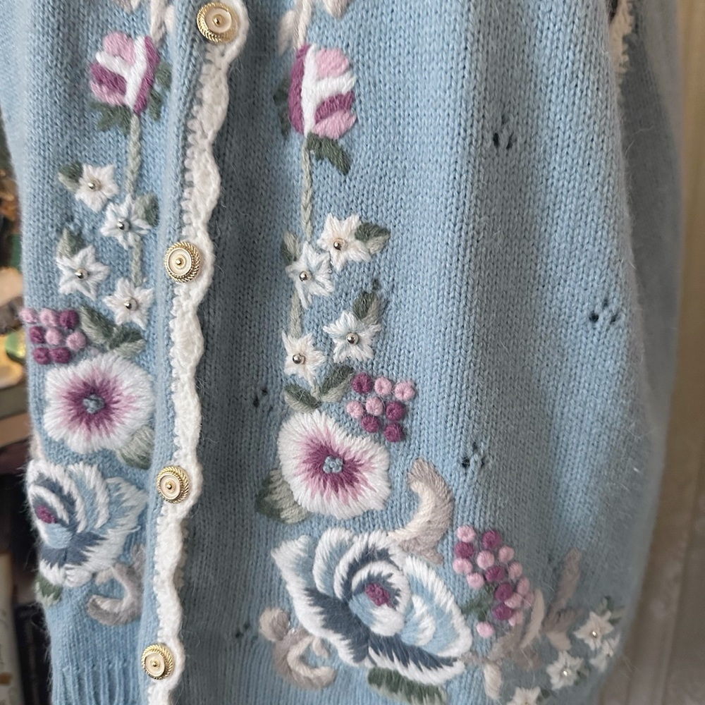 Vintage 1990s Koret Baby Blue Floral Embroidered Vest Cottagecore Size XL - Picture 3 of 10
